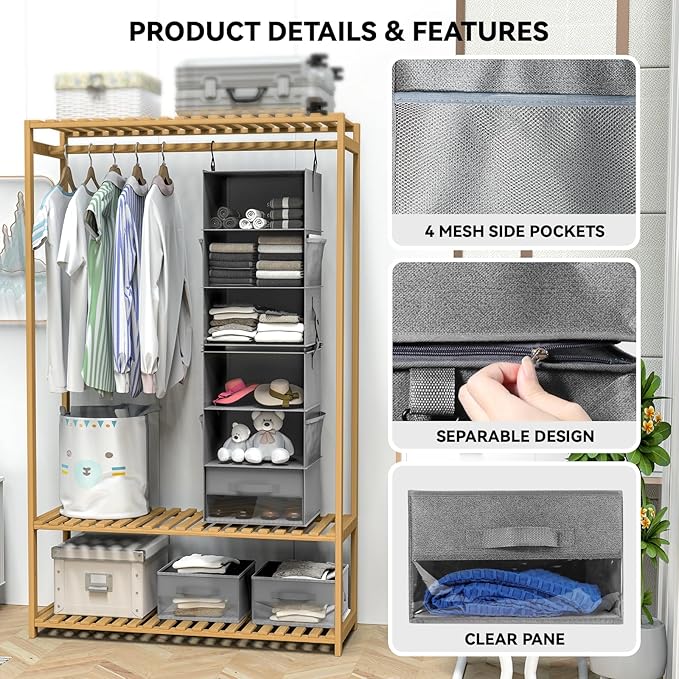 6-Shelf Hanging Closet Organizer with Shelves and Drawers, Modern Style, Hanging Organizer