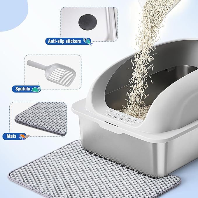 Stainless Steel Cat Litter Box with Lid, High Sided Large Cat Litter Box for Anti-Urine Leakage, Included Scoop and Litter Mat, Light Gray
