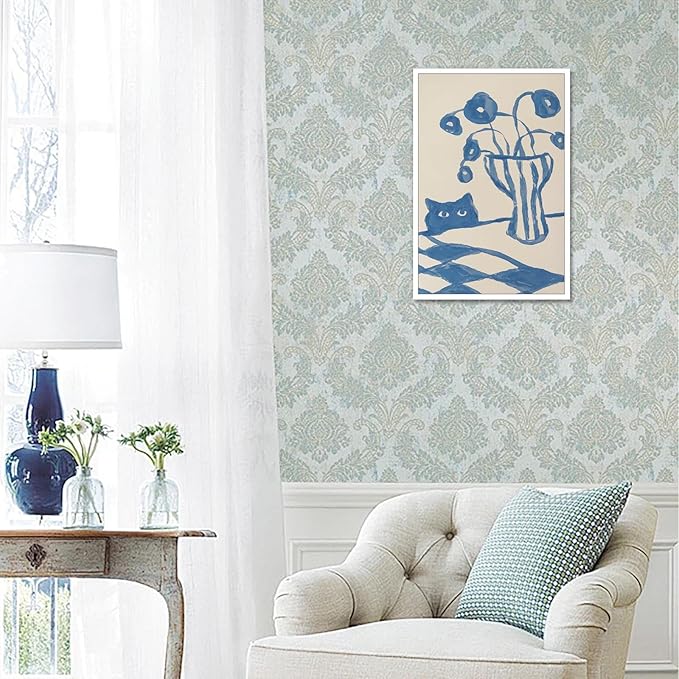Funny Sneaky Cat Poster Scandi Animal Sketch Canvas Wall Art Blue Modern Abstract Flower Vase Aesthetic Prints Painting For Living Room Kitchen Dining Room Wall Decor 16x24in Unframed