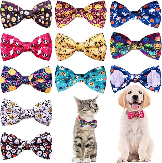 PET SHOW 10pcs Halloween Small Dog Bow Ties for Medium Dogs Puppies Rabbit Cat Detachable Bowties with Elastic Bands Attach to Collar Pet Grooming Collar Attachment Accessories