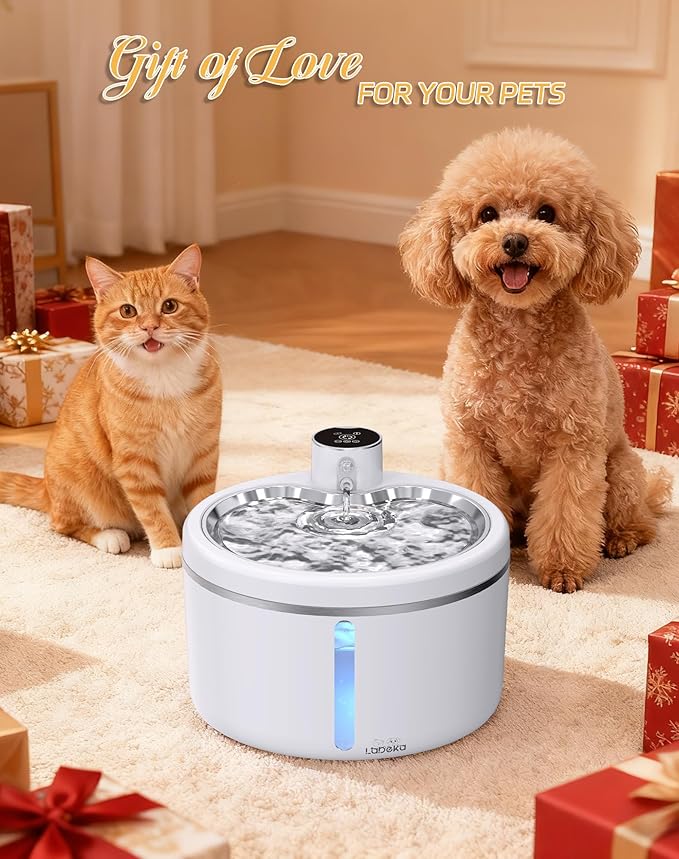 Wireless Cat Water Fountain with Stainless Steel Tray, 102oz/3L Pet Water Fountain for Cats Inside, Cat Fountain for Drinking with Motion Sensor, Ultra Quiet Pump, Cats & Dogs Gifts -2Filters