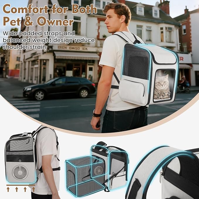 Cat Backpack Carrier with Fan & Heating Pad, Expandable Cat Carrier Backpack for Cats up to 18 lbs, Breathable Pet Travel Backpack, Ventilated Cat Dog Carrier for Hiking/Outdoor/Vet Visits