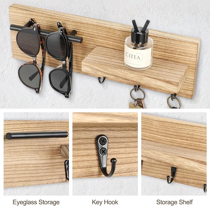 Key Holder for Wall, Decorative Entryway Shelf with Hooks Holds Keys, Dog Leash, Sunglasses – Key Hanger with 3 Hooks Organizes, Enhances Home Decor (15” x 4.5” x 2.6”) (Wood)