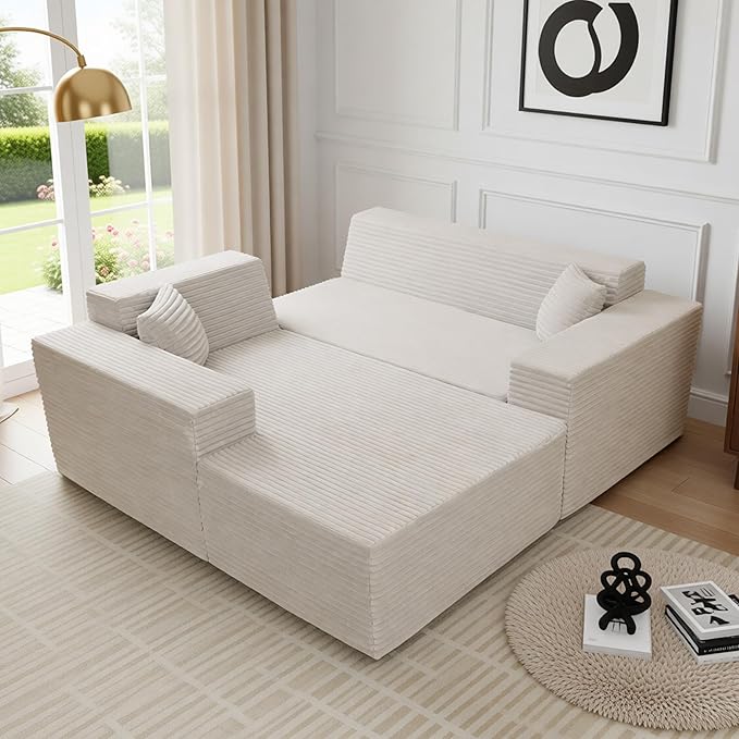 Claiks Boneless Couch, Cloud Couch Sectional, L-Shape Corduroy Modular Sectional Sofa Deep Seat, Upholstered Couches for Living Room, No Assembly Required, Beige, Left Facing Chaise