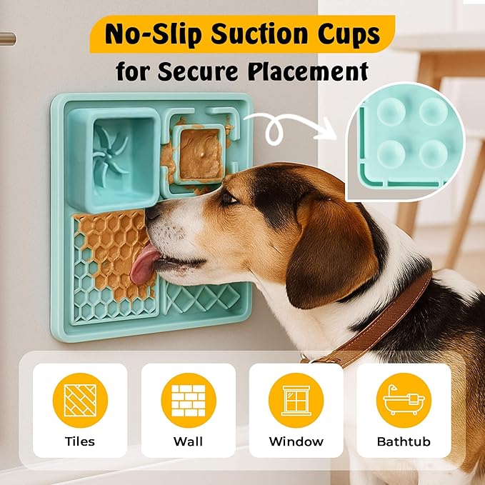 Cat & Dog Lick Mat with Suction Cups - 2-in-1 Silicone Lick Pad & Puzzle Feeder - Pet Food Mat for Anxiety Relief & Boredom - BPA-Free & Dishwasher Safe - Turquoise