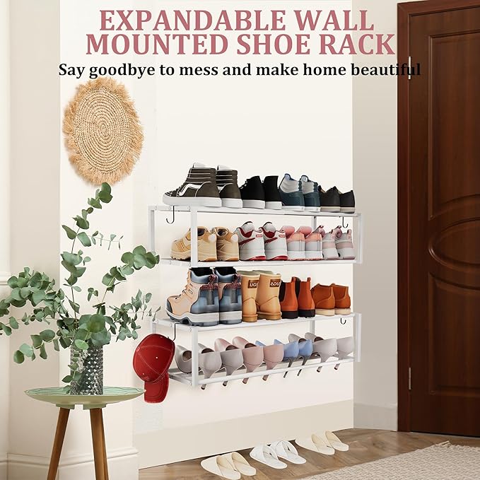 4 Pack Expandable Wall Mounted Shoe Rack, 17"-30"Adjustable Hanging Shoe Rack Holds 24 Pairs, Heavy Duty Metal Shoe Racks Holder with 8 Storage Hooks, Space Saving for Entryway Closet Doorway（White)