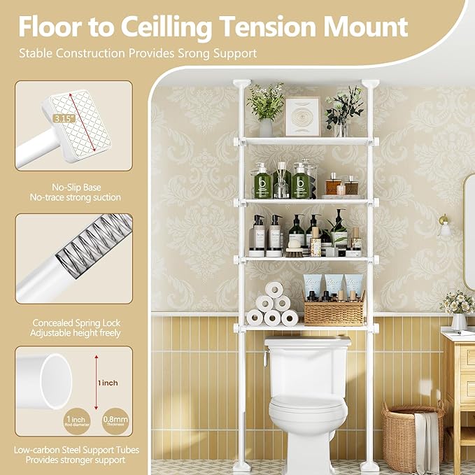 No-Drill Over Toilet Storage Shelf - 4-Tier White Bathroom Organizer