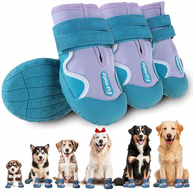 Dog Shoes for Large Small Medium Dogs,Dog Booties for Indoor Hardfloors Anti-Slip,Reflective Strip Waterproof Dog Boots & Paw Protectors for Outdoor Walking Hot Pavement,Winter Snow (Purple-1)