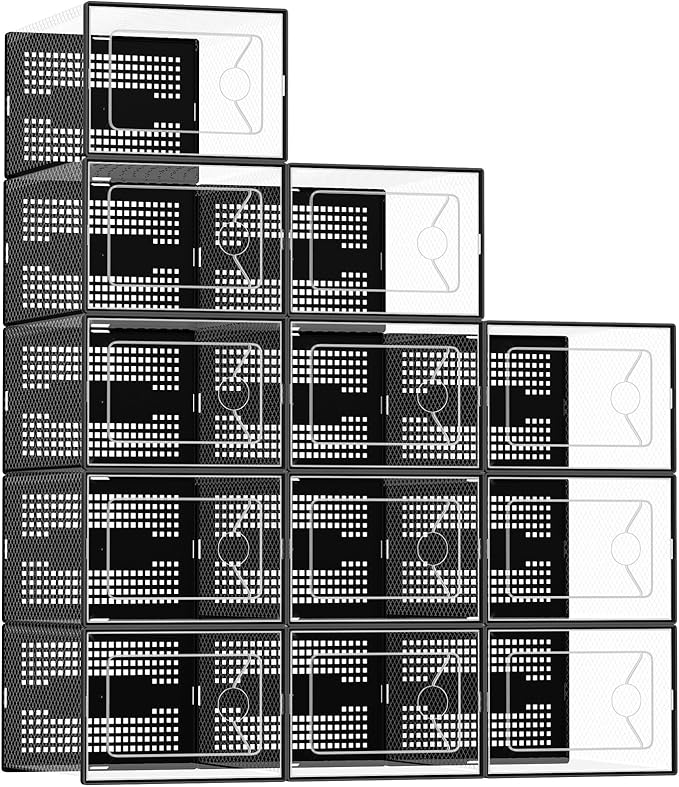 DUMOS Clear Shoe Storage Boxes, 12-Pack Plastic Stackable Shoe Containers with Lids, Display Sneaker Case Organizer for Closet, Under Bed, Entryway,Black (Fit Size 9)