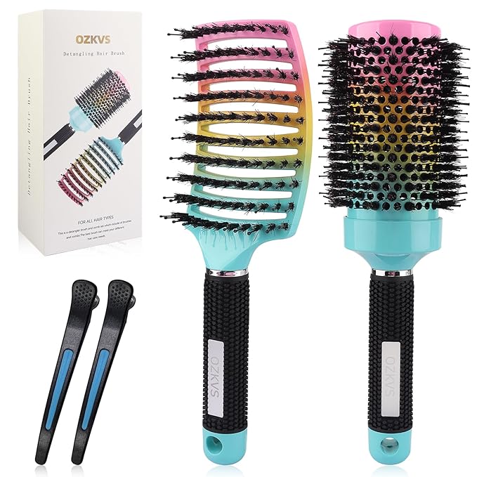 Round & Paddle Brush Set, 4 Piece Boar Bristle Brush Set for Fine & Thick Hair, Blow Drying for Women & Men, Curl Defining & Wet Hair