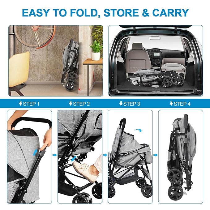 Dog Stroller for Large Medium Dogs & Cats with Reversible Handle, Foldable Pet Stroller Travel Carriage with Large Storage Basket, Gray