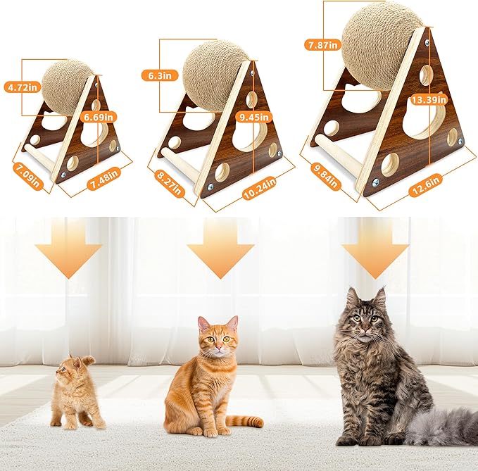 Cat Scratcher, Natural Sisal Rope Scratching Ball with Ball for Cats & Kittens, Interactive Solid Wood Pet Toy (Medium)