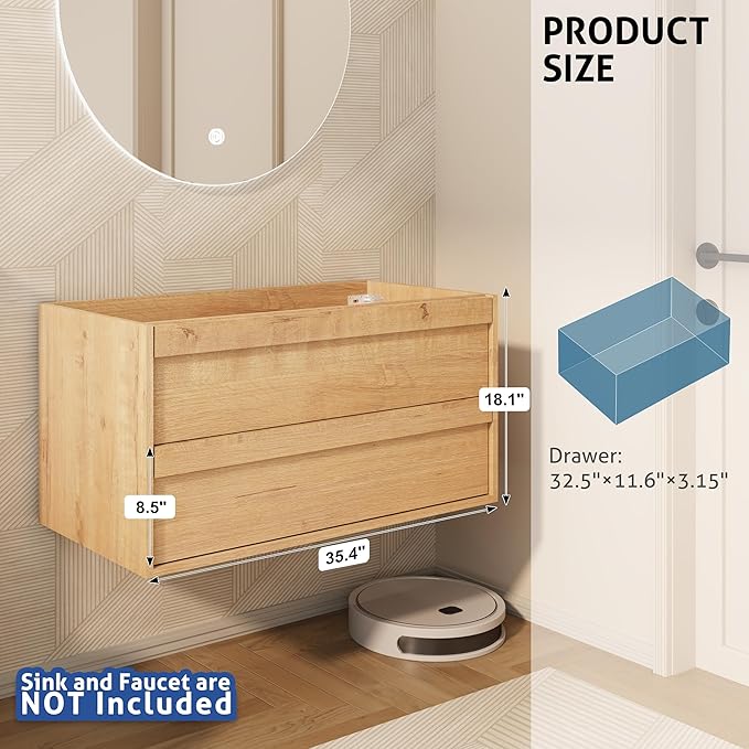 eclife 36" Floating Bathroom Vanity Sink Combo, Wall Mounted Modern Minimalist Storage Cabinet with 2 Drawers, Exclude Sink, Faucet & Drain, Natrual