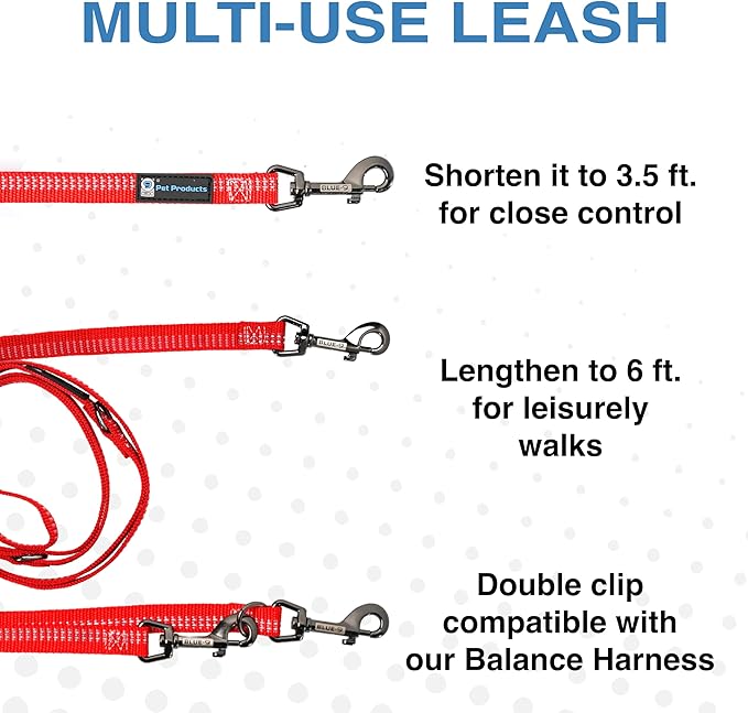 Blue-9 Reflective Multi-Function Dog Leash, Double Attachment Adjustable Lead for Obedience Training and Running, 6 Feet, Made in The USA, Medium/Large, Red