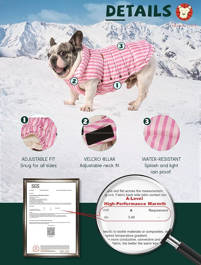 SPACE LION Dog Puffer Jacket, Down Winter Coat, Durable Outdoor Coat for Cold and Windy Conditions, Lightweight & Adjustable Fit Coats for Small & Medium Dogs, (Pink, Size12/M)