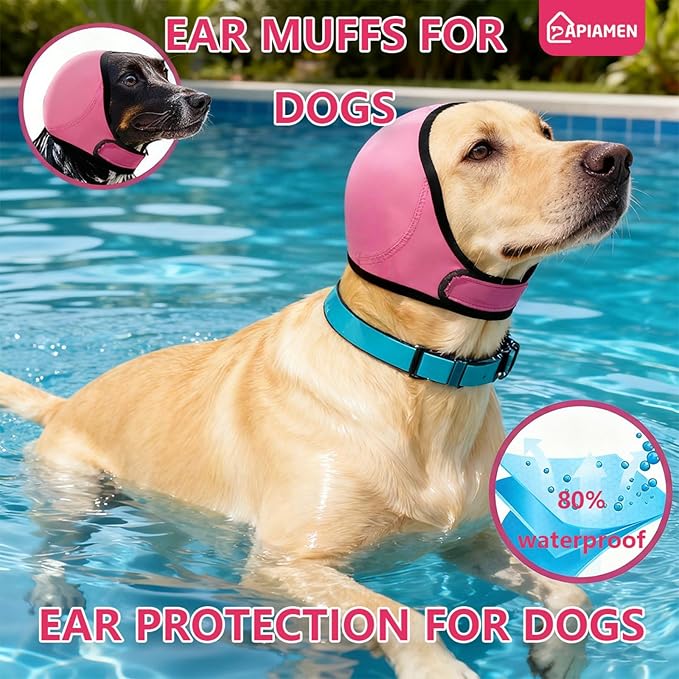 Dog Calming Hoodie,3-Layer Dog Ear Muffs Noise Protection,Anxiety Relief Quiet Ears for Dogs,Adjustable Shower Cap Pet Ear Covers for Bath,Grooming,Swimming(Fuchsia,L)