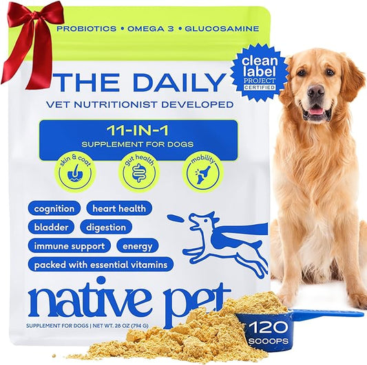 Native Pet Dog Vitamins & Supplements - 11-in-1 Vitamin Powder for Dog Food Topper - Collagen, Glucosamine, Probiotics, Omega & More- Supports Healthy Gut, Mobility & Overall Health - 120 Scoops