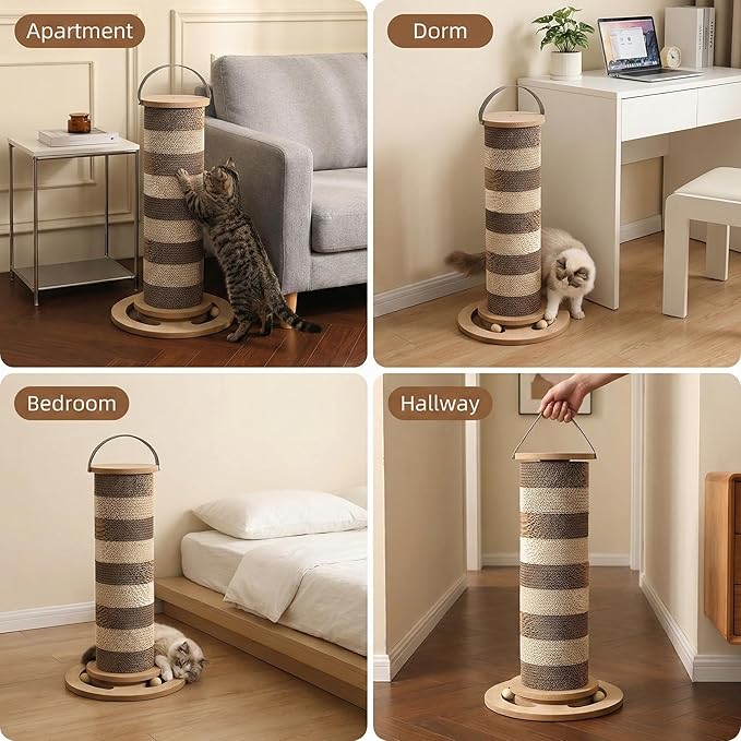24” Cat Scratching Post, Stable Vertical Cat Scratcher for Indoor Cats, Durable Cardboard Design with Replaceable Blocks, Space-Saving Scratching Post