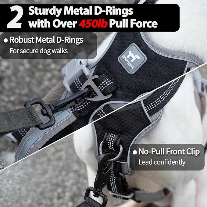 Huntboo Escape Proof Dog Harness, Escape Artist Harness, Reflective Harness with Padded Handle, Breathable, Durable, Adjustable Vest for Medium Dogs Walking, Training, and Running Gear (Black, L)