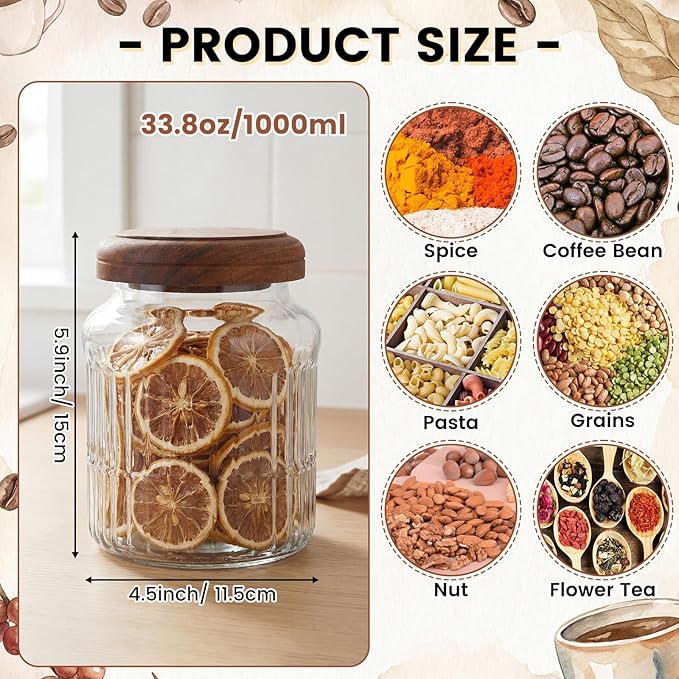 6 Pack Vintage Glass Jars with Wooden Lids 33.8 oz Airtight Glass Canisters Storage Containers Large Food Canisters for Pantry Coffee Spice Grains Tea Sugar Flour Kitchen(Stylish Ribbed)