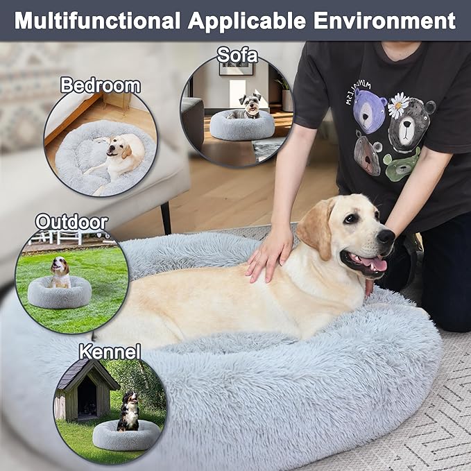 ELSKER&HOME Calming Dog Bed,Donut Washable Warming Soft Round 46 inches Dog Beds for Large Dogs,Anti-Anxiety Fluffy Plush Cushion Bed Fits up to 160 lbs Pets