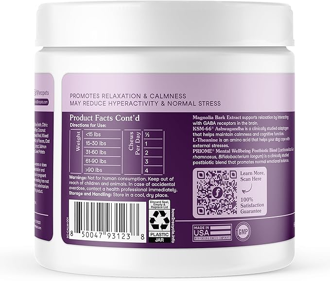 Fera Pets Dog Calming Chews - Anxiety Relief Support - Promotes Relaxation - Ashwagandha & Priome® Mental Wellbeing Postbiotic Blend - 90 Soft Chews