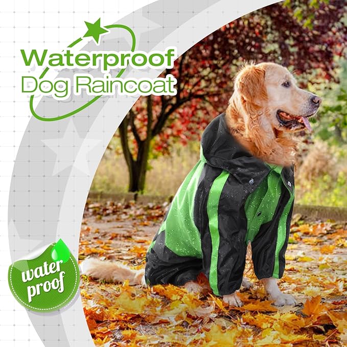 Dog Raincoat - Waterproof, Lightweight Jacket for Large Dogs - Adjustable 4 Legs Pet Poncho With Hood - Snow-Proof Vest With Leash Hole