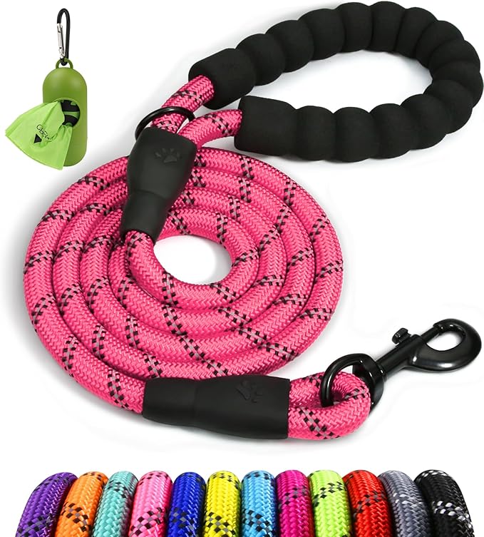 Taglory Rope Dog Leash 6 FT with Comfortable Padded Handle, Highly Reflective Threads Leash for Small Dogs, 3/8 inch, Pink