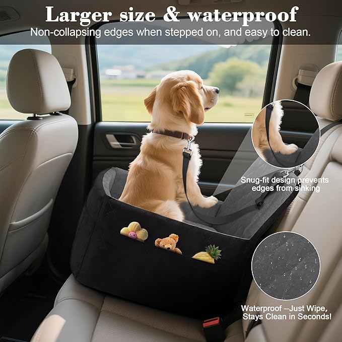 Dog Car Seat for Small/Medium Dogs,Pet Dog Booster Car Seat Puppy 15-35 lbs with Soft 4+2in Detachable Pads Detachable Elevated Cushion and Washable Cover Safety Belt Storage Pockets Easy to Install