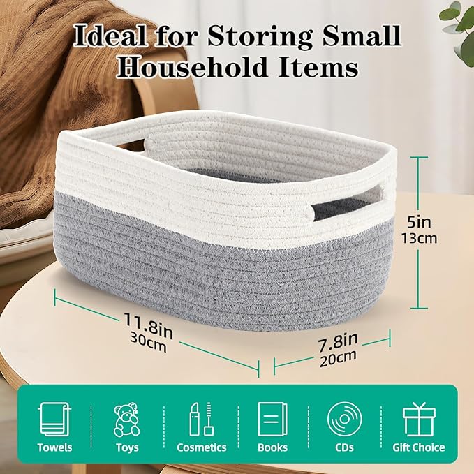 Bidtakay Small Cotton Rope Storage Baskets for Organizing 3 Pack Woven Baskets for Storage Closet Organizer Bins for Shleves 11.8×7.8×5 inch Cute Boho Decorative Basket with Handles - White&Grey