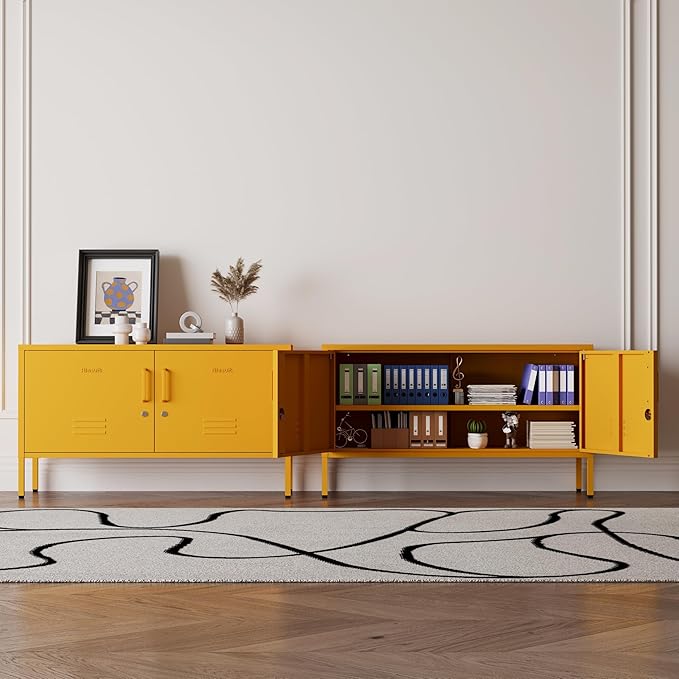 Yellow Metal Storage Cabinet with Lock, 2-Door Wide Organizer, Adjustable Shelves, Multifunctional TV Stand & Entertainment Center for Bedroom, Living Room, 24" H x 39.4" W x 15" D