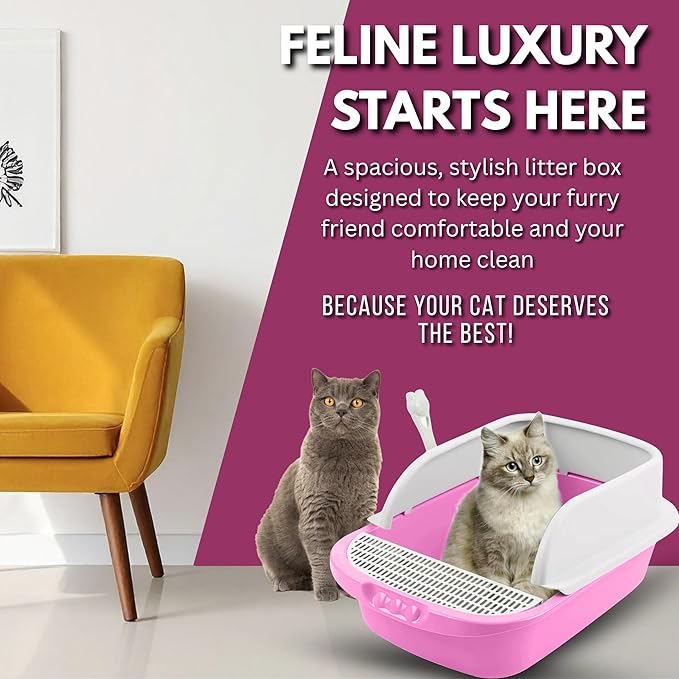 Large Open-Top Cat Litter Box with High Sides, Enclosed Scatter Shield Design, Easy Clean Plastic Litter Pan, Includes Scoop (Pink)