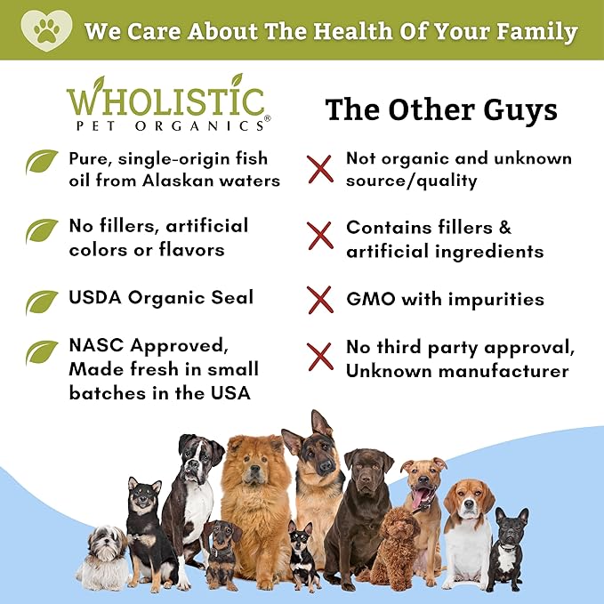 Wholistic Pet Organics Wild Alaskan Salmon Oil for Dogs and Cats - Omega 3 Fish Oil for Dogs & Cats - Cat & Dog Skin and Coat Supplement for Heart, Joints - DHA, EPA Omega 3 Liquid Food Topper - 16 oz