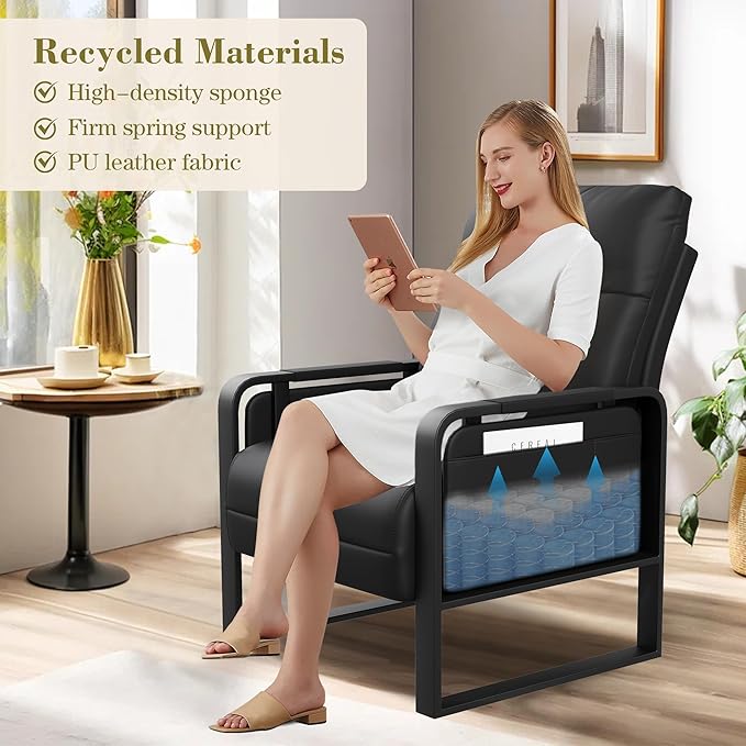 Black PU Leather Accent Chairs Set of 2 with Side Table Modern Upholstered Armchair Leisure Chairs for Living Room Bedroom Office Club Chair