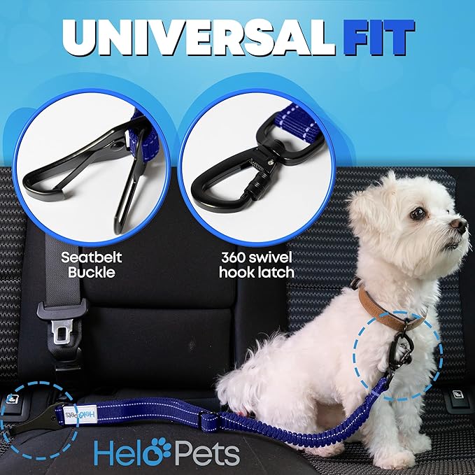 Dog Car Seat Belt 3-in-1 Adjustable Safety Seatbelt for Dogs in Car – Durable Extra Thick Nylon Webbing Bungee with Hook & Buckle Latch, Reflective Dog Harness (Blue).