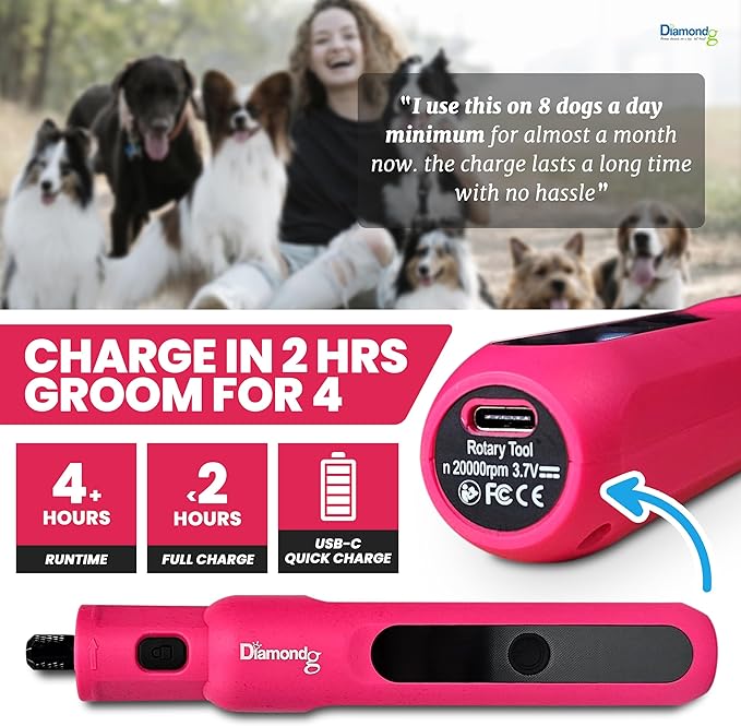Diamondg Cordless Micro Dog Nail Grinder with Quiet Sound & LED Tip for Large & Small Dogs, 4hrs. Runtime - Electric Dog Nail Trimmer, Heavy Duty Rotary Tool Alternative to Toenail Clippers & Filers