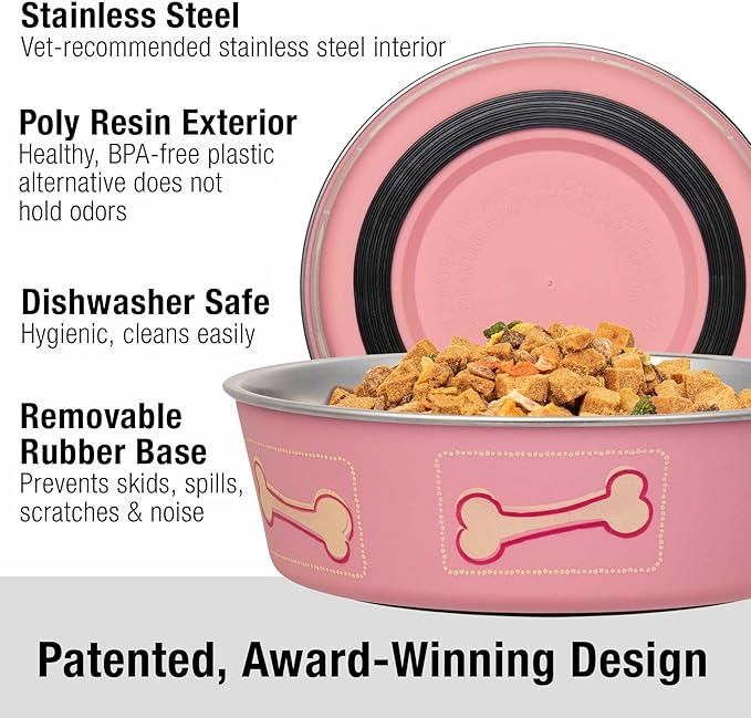 Large Stainless Steel Dog Bowl – Spill Proof Non-Slip Bella Bowl 54 oz – Coastal Pink
