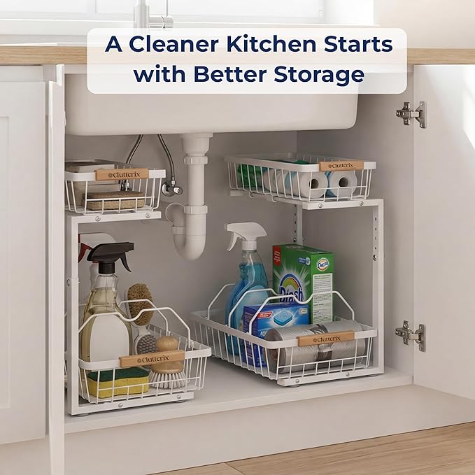 Under Sink Organizer, 2 Pack, 2 Tier Sliding L-Shaped Carbon Steel Rack with Adjustable Height, Motion-Activated LED Lights, Dividers & Hooks (White)
