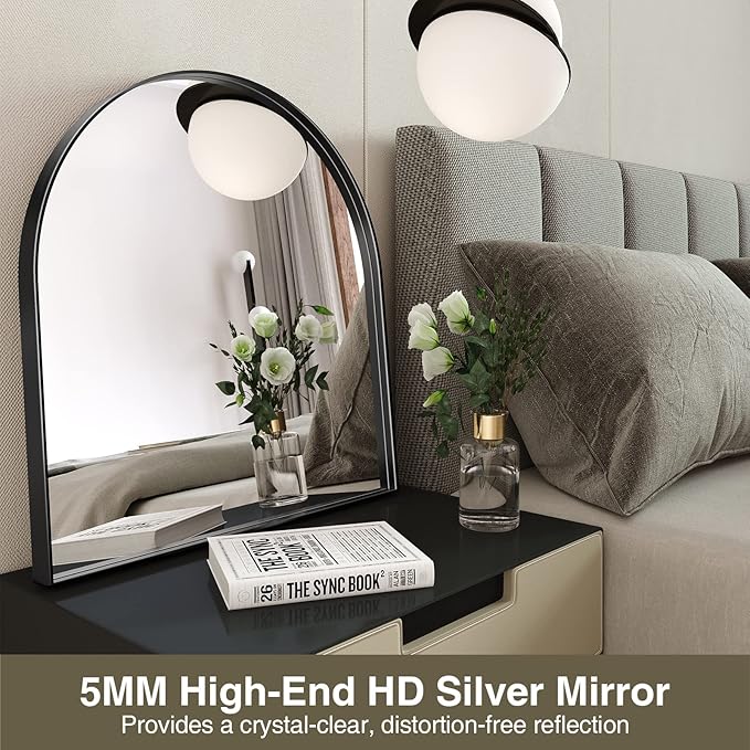 Brightify Arched Mirror, 31 x 33 Inch Black Arch Mirror, Metal Frame Black Arched Wall Mirror, Arched Top Bathroom Vanity Mirror for Living Room Bedroom Mantel Entryway Hallways