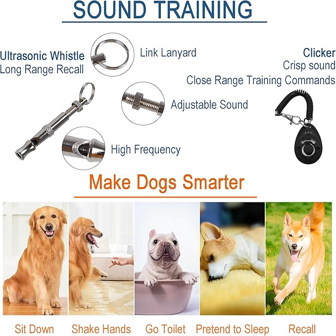 Dog Training Starter Kit for Beginners, 5-Piece Puppy Training Set with Reflective Leash, Clicker, Adjustable Whistle, Collapsible Slow Feeder Bowl and Poop Bag Holder, New Dog Owner Essentials