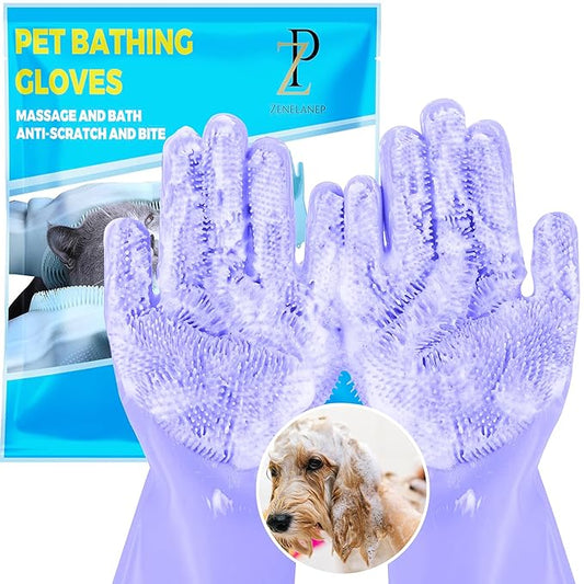 Pet Grooming Gloves with High-Density Teeth, Silicone Five Finger Design for Washing, Massaging Dogs and Cats (Purple)