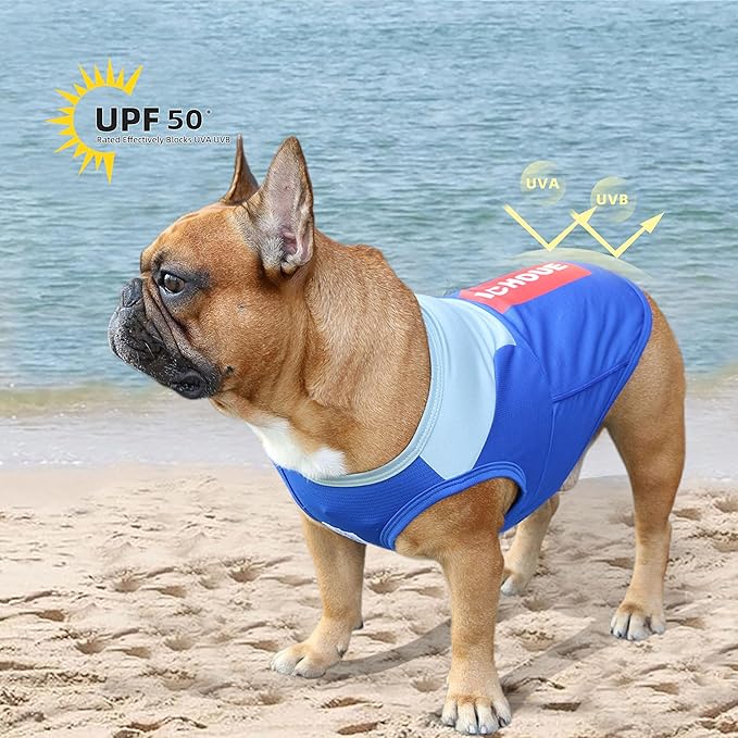 iChoue French Bulldog Summer Cooling Shirt for Dogs UV Sun Protection Vest Sleeveless Stretchy Tank Top English Pug Grey Blue - Small