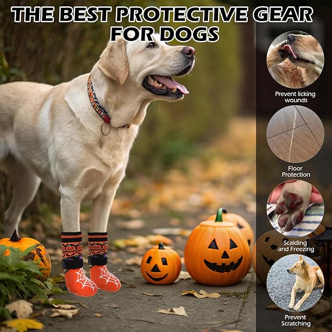 EXPAWLORER Halloween Anti Slip Dog Socks to Prevent Licking Paws, Boots & Paw Protectors with Spider Web Grippers,Doggie Booties for Hardwood Floors for Small Medium Large Senior Dogs Orange Pumpkin L