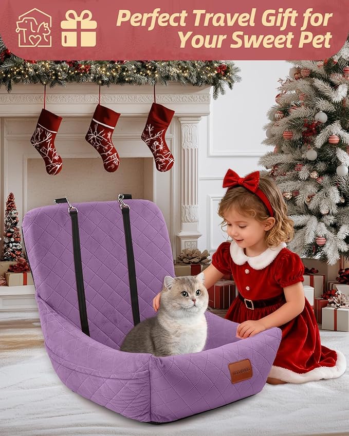 Dog Car Seat,Pet Booste Bed with Seatbelt,Washable Dog Car Travel Bed Easy to Assemble, Clip-On Safety Leash and Storage Pocket (Purple)