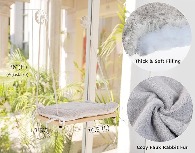 Foldable Cat Window Perch, Soft Window Bed for Overlooking, Sunbathing and Climbing,Stable Cat Seat Mounted with Strong Suction Cups- Maximum Hold Up to 40lbs(Light Grey)