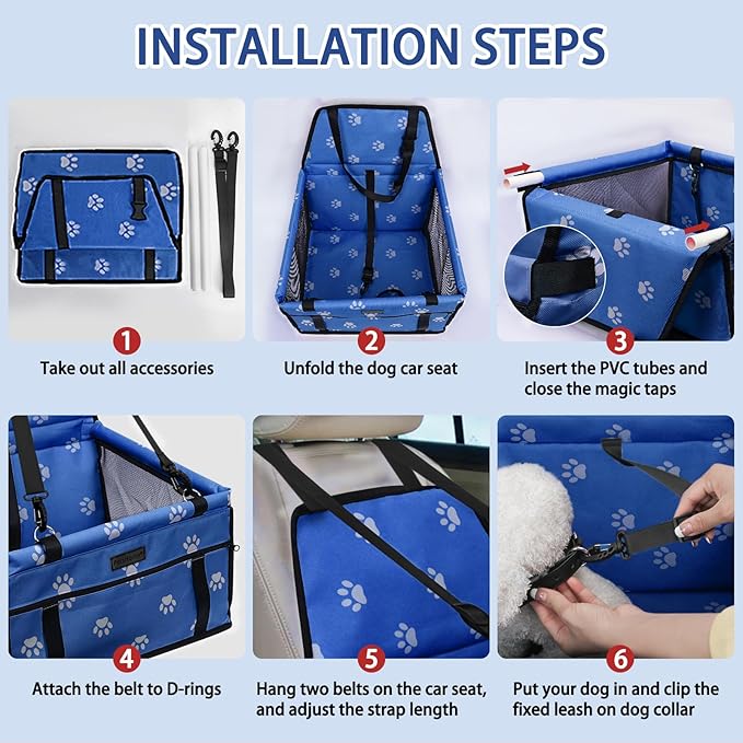PetsHome Dog Car Seat Foldable Dog Car Booster Seat Waterproof Breathable Oxford Travel Bag for Small to Medium Dogs, Puppies, and Pets-Footprint Blue+Mat