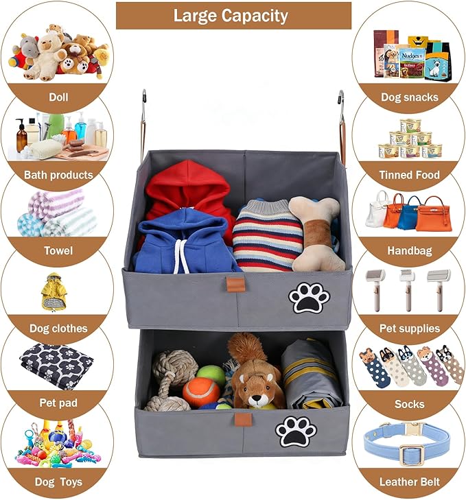 2-Tier Dog Shelves Storage Organizer, Dog Toy Basket, Hanging Closet Organizer for Pet, Fabric Storage Bins Dog Cabinet, Collapsible Baskets for Dog Toys,Colloar,Clothes,Blanket -Grey