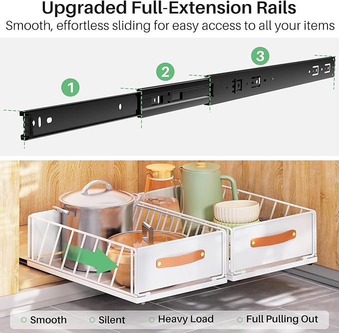Pull out Cabinet Organizer Fixed with Adhesive Nano Film,Heavy Duty Slide out Pantry Shelves Drawer Storage,Sliding Mesh Basket with Handle for Kitchen, Bathroom,Home, 11.8W"X 15.7D"X6.2"H(4PCS)