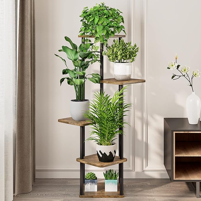 AZERPIAN Plant Stand 5 Tier Indoor Metal Flower Shelf for Multiple Plants Corner Tall Flower Holders for Patio Garden Living Room Balcony Bedroom, Black (5 Tier-Black)