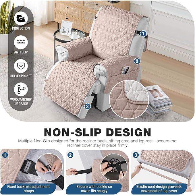 TAOCOCO 100% Waterproof Recliner Cover - Recliner Cover with Non-Slip Granule, Recliner Chair Covers with Elastic Band, Recliner Chair Covers for Reclining Chair(Peach, Large-28'')